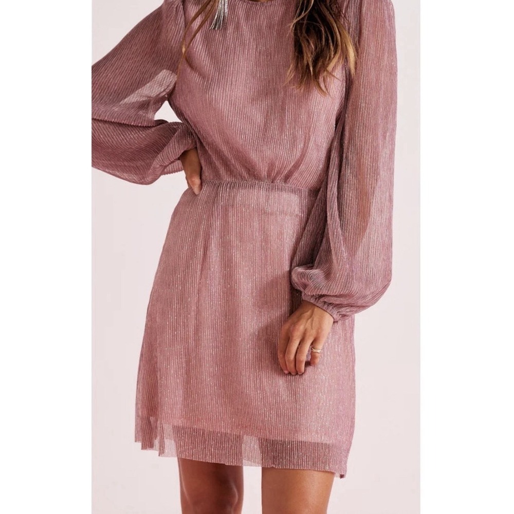 Astrid‎ Plisse Tie Back Mini Dress Sheer Blouson Sleeves Glam Party Vibe Pink